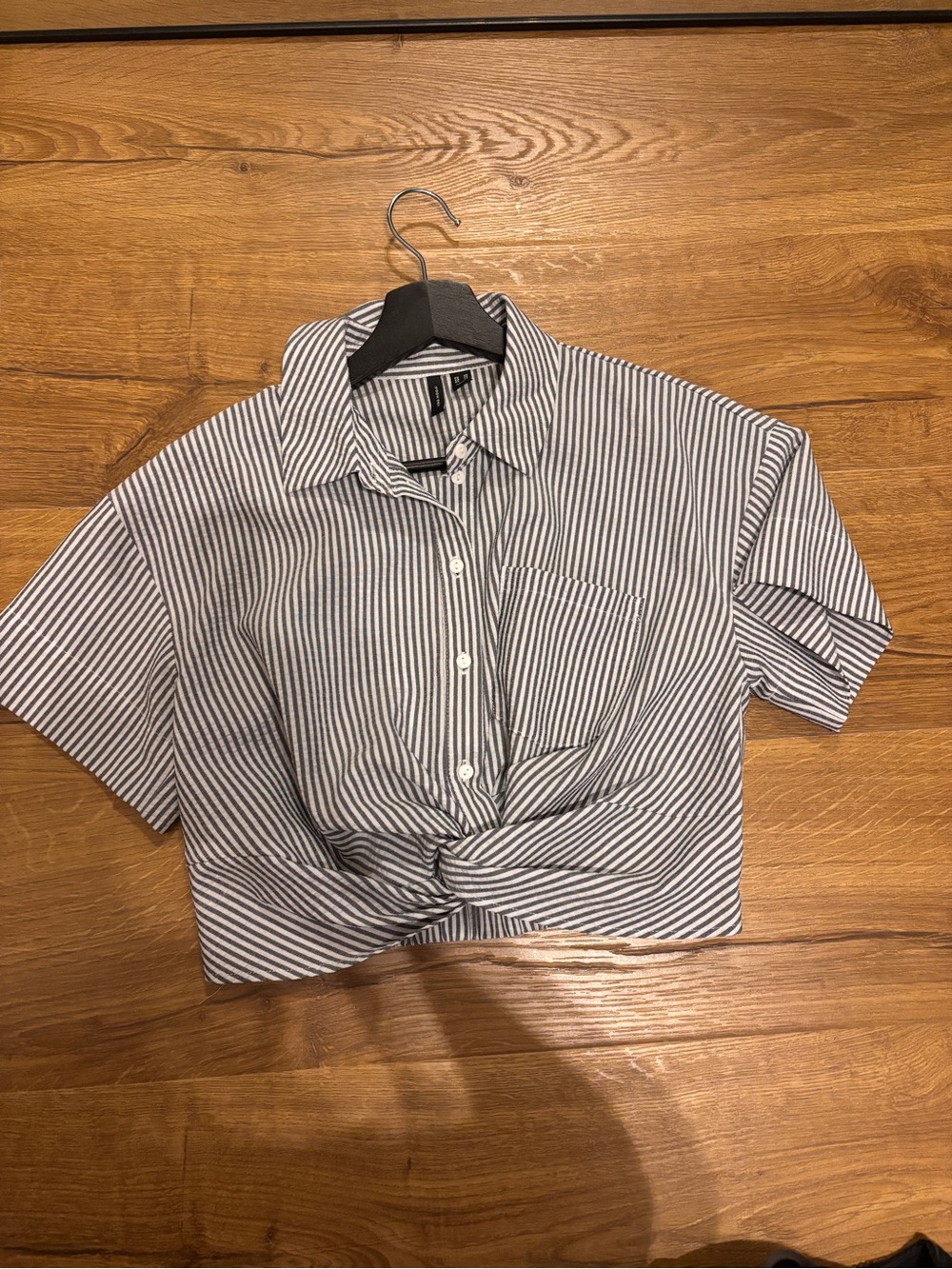Vero Moda Blue and White Striped Knot-Front Button Down